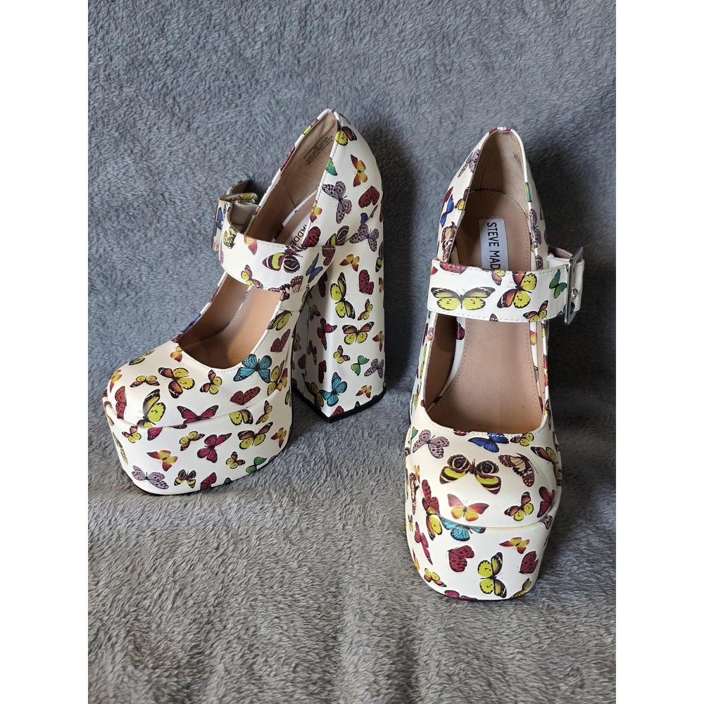 Steve Madden Plaza Butterfly Print Platform Mary Jane Pumps White Multi Size 7